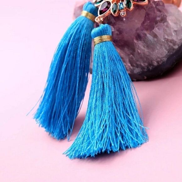 Flower Crystal Blue Tassel Fringe Vintage Gold Dangle Statement Earrings - Picture 9 of 9